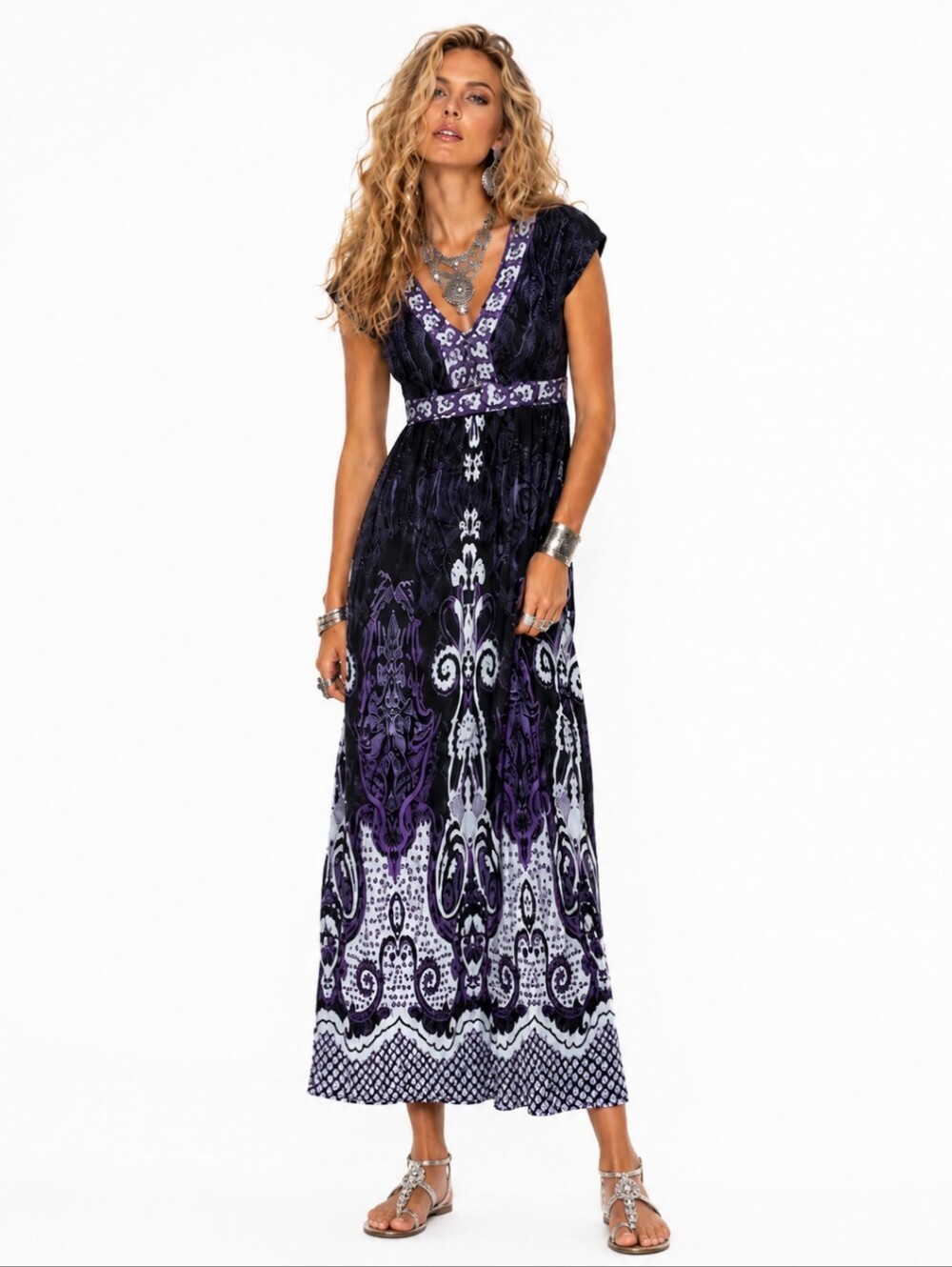 Boho Maximalist Flowy Maxi Dress Black/Purple/White Priny  Rayon Festival Sz M